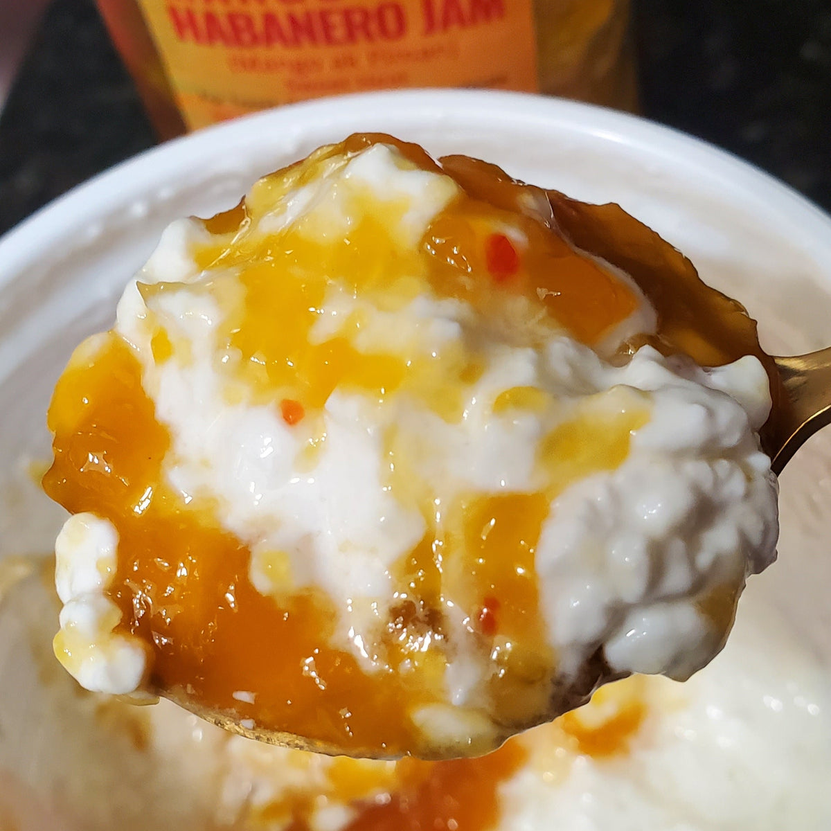Mango Habanero jam over cottage cheese